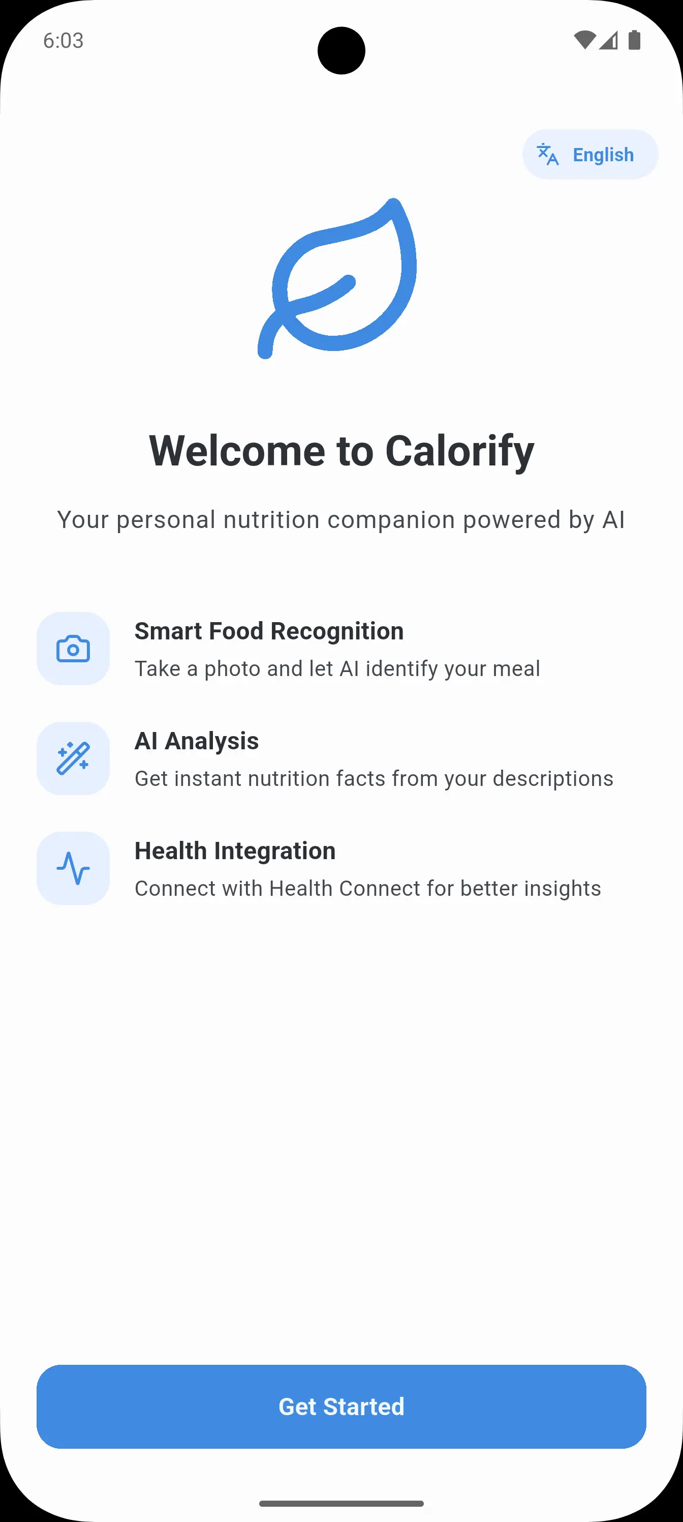 Calorify Home Screen